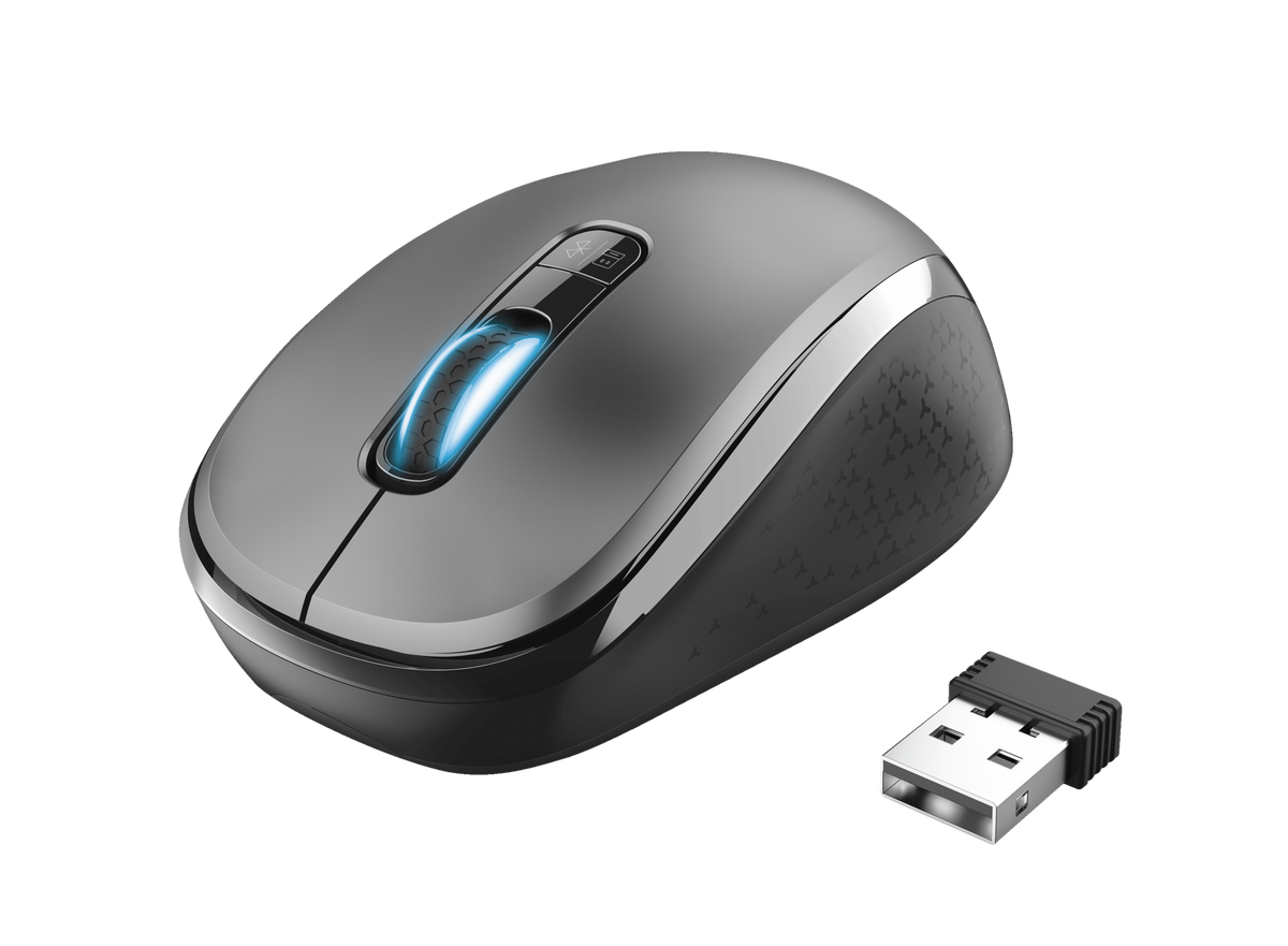 Trust Yvi Mouse Wireless Ottico Grigio - 8m Portata, 800/1600 DPI, Lati In Gomma, Ricevitore USB Riponibile