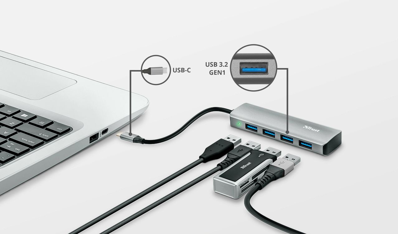 Trust - Halyx Aluminium 4-Port USB 3.2 Hub USB 3.2 Gen 1 (3.1 Gen 1)  Micro-B Gris