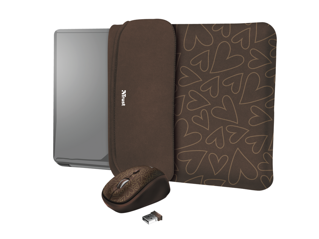 Yvo Reversible Sleeve for 15.6" Laptops with wireless mouse - brown hearts-Visual