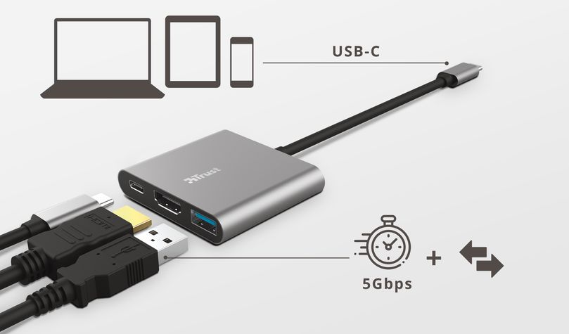 Adaptador USB  Trust Dalyx USB-C a HDMI, Multifunción, Para PC, MacBook