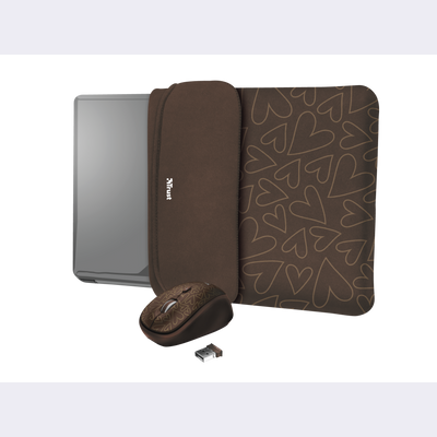 Yvo Reversible Sleeve for 15.6" Laptops with wireless mouse - brown hearts